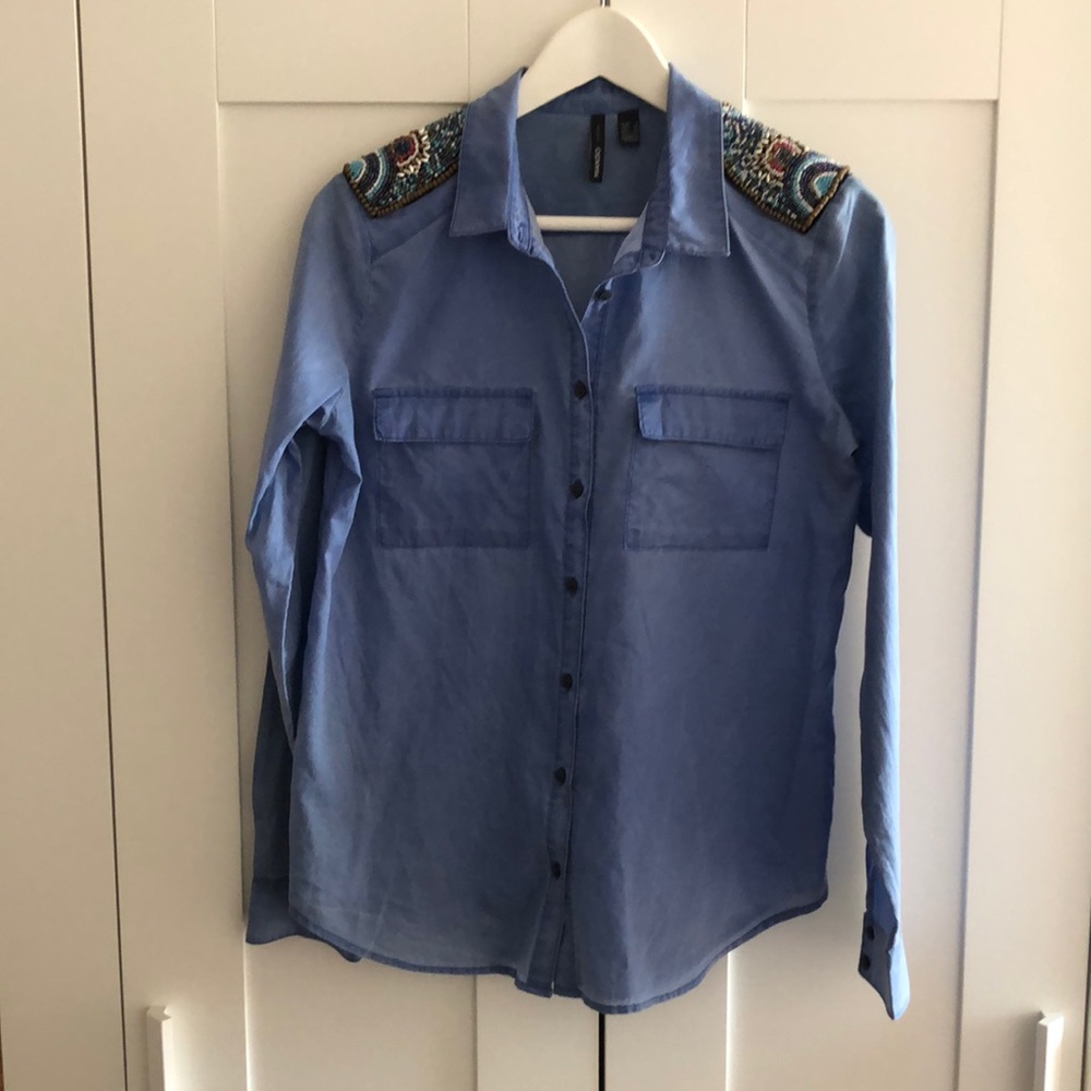 Mango Button Down Shirt BEADED EPAULETTE Shoulders